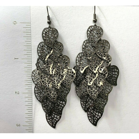 Bronze Tone Earrings Long Cascading Articulated Open Leaves Lacey Leaf Filigree - Picture 4 of 7